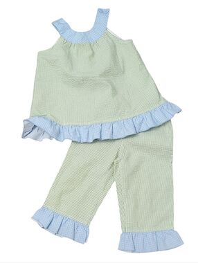 Vintage Seersucker Outfit Size 4 Girls The Bailey Boys Green Blue Stripe 2 Pc